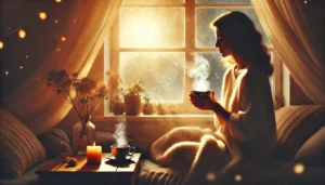 A soothing and comforting image symbolizing self-compassion after heartbreak. A woman sits peacefully by a window, holding a warm cup, with soft light