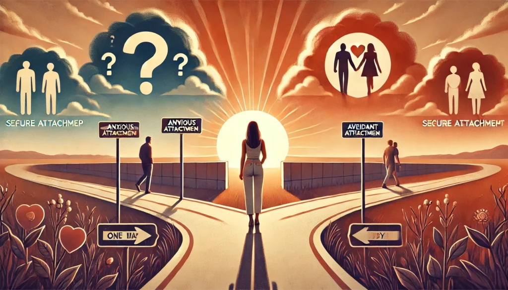 A-symbolic-header-image-representing-different-attachment-styles-in-dating.-The-scene-shows-a-woman-standing-at-a-crossroad-with-three-distinct-paths.