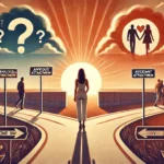 A-symbolic-header-image-representing-different-attachment-styles-in-dating.-The-scene-shows-a-woman-standing-at-a-crossroad-with-three-distinct-paths.