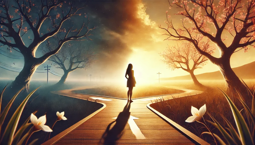 A symbolic header image representing the journey of overcoming the fear of commitment. The scene shows a woman standing at a crossroads