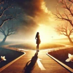 A symbolic header image representing the journey of overcoming the fear of commitment. The scene shows a woman standing at a crossroads