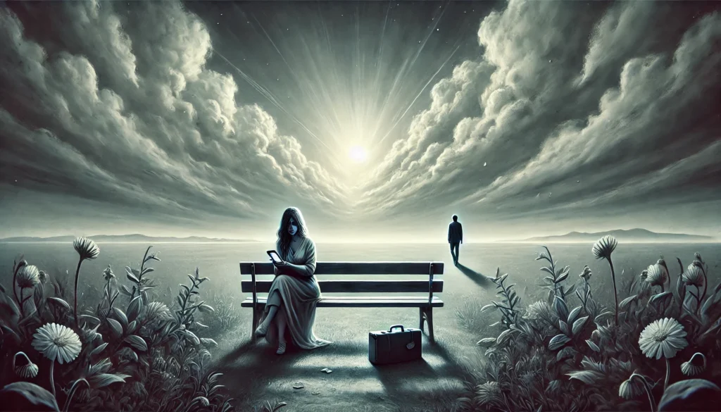 A-symbolic-header-image-representing-the-realization-of-disinterest-in-a-relationship.-The-scene-shows-a-woman-sitting-alone-on-a-park-bench-holding