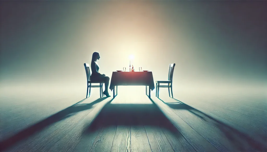 A symbolic header image representing the silent treatment in relationships. The scene shows a woman sitting alone at a dinner table, with an empty cha