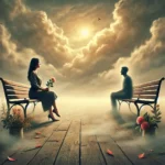 A-symbolic-realistic-image-representing-emotional-unavailability-in-relationships.-The-scene-shows-a-woman-sitting-on-a-bench-under-a-cloudy-sky