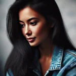 A woman with long black hair and a thoughtful expression. She is wearing a denim jacket. Her face appears calm, with soft lighting.