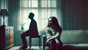 An image representing the concept of the silent treatment and its emotional impact. A woman sits alone on one side of a room