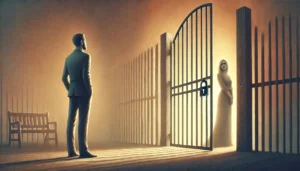 An image representing the fear of commitment in relationships. A man stands hesitantly in front of a gate, symbolizing the entrance to a committed