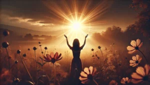 An inspiring image that symbolizes gratitude and healing. A woman stands in a serene field at dawn, holding her hands up toward the rising sun,