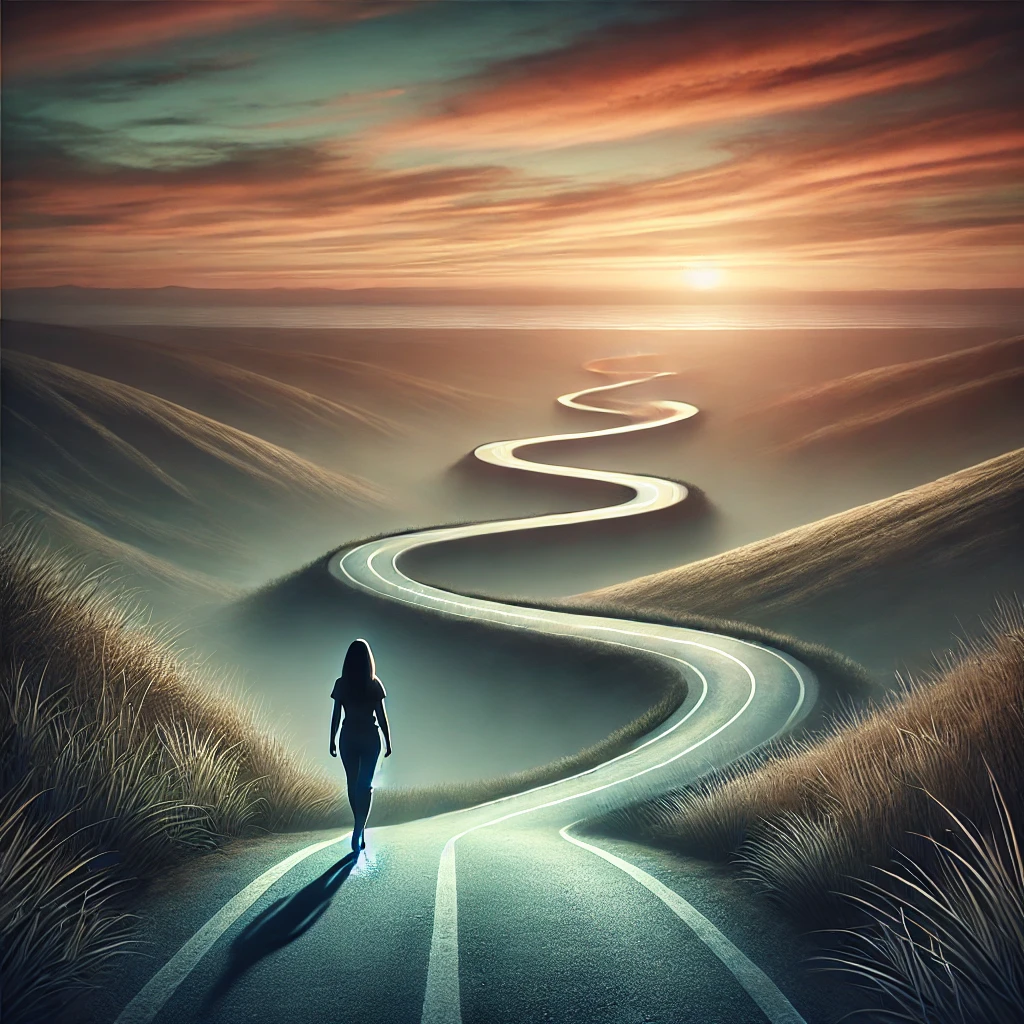  symbolic and emotional scene representing the road to forgiveness. A young woman is walking along a winding path that stretches into the distance. H