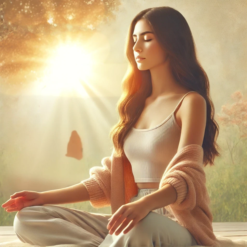 A calm, reflective scene featuring a young woman sitting in a meditative pose, with warm sunlight surrounding her. The woman looks peaceful and serene