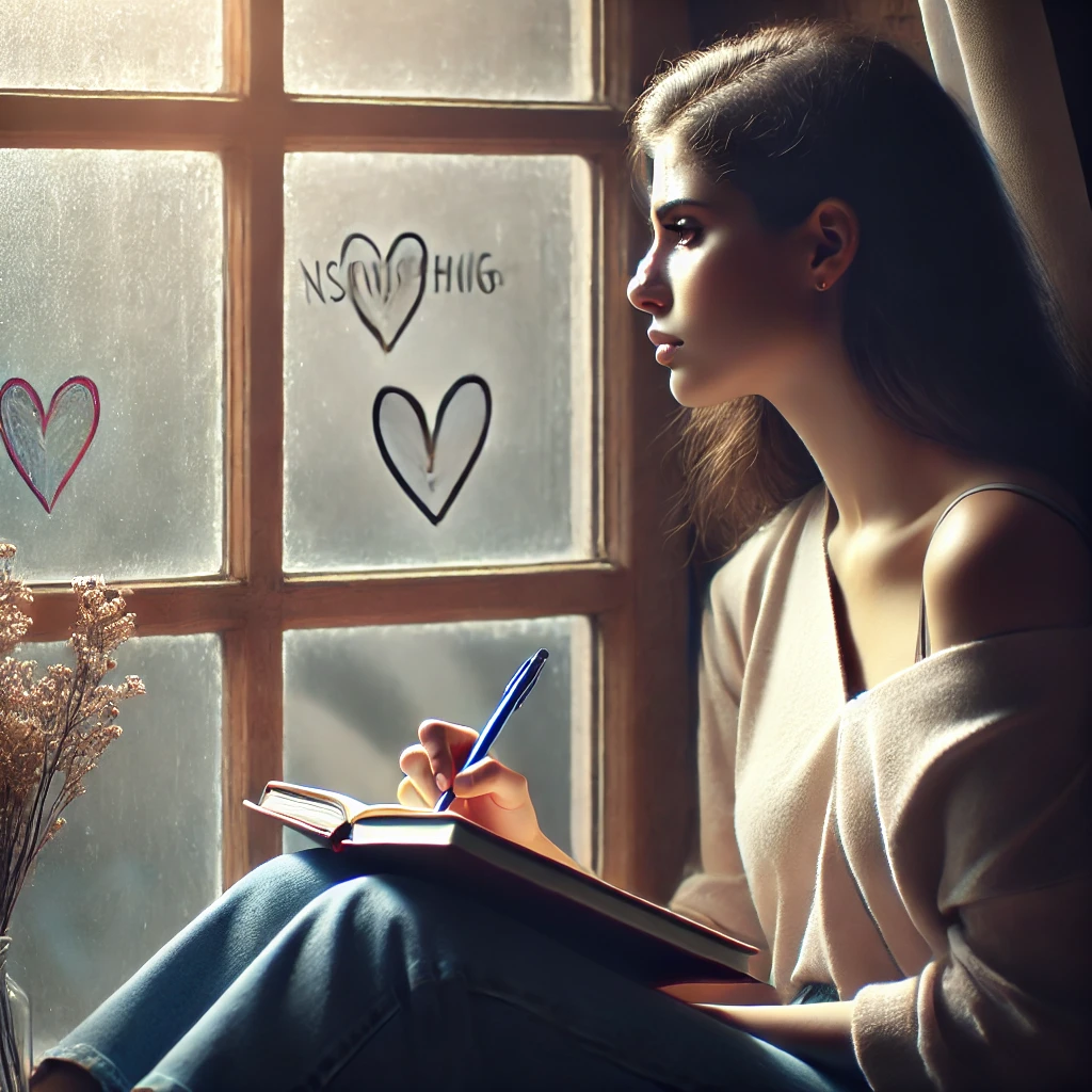 A contemplative scene of a young woman sitting by a window, journaling her thoughts, symbolizing the process of recognizing and validating emotions af