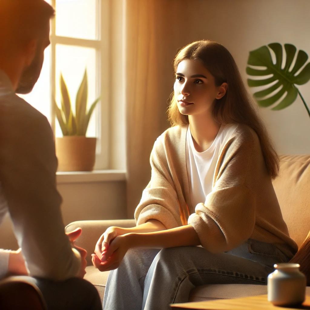  A supportive and comforting scene featuring a young woman sitting in a cozy room, speaking with a therapist or counselor, symbolizing seeking professi