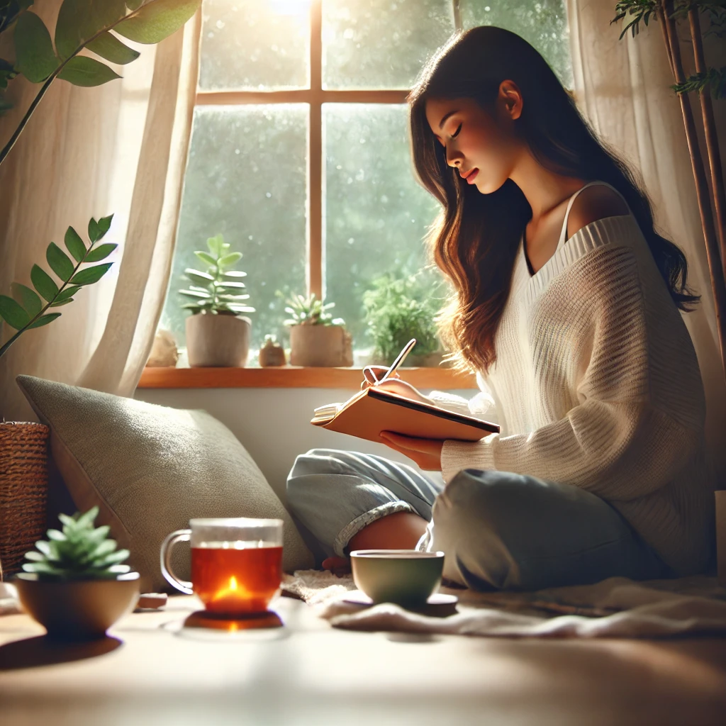 A serene scene of a young woman practicing self-care, sitting peacefully in a calming environment, perhaps journaling or enjoying a warm cup of tea. 