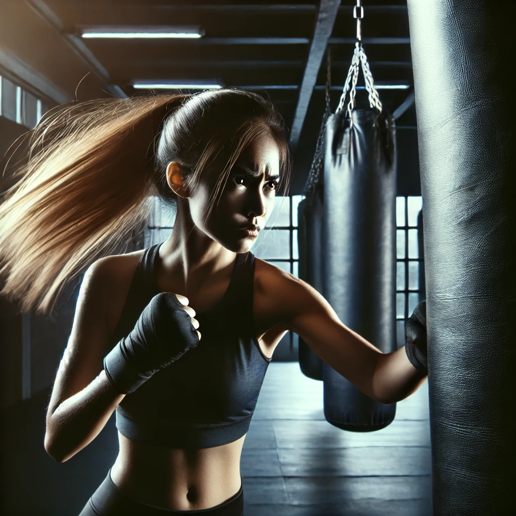  A dynamic scene of a young woman punching a boxing bag with intensity, her face showing determination and frustration. The background is a gym,