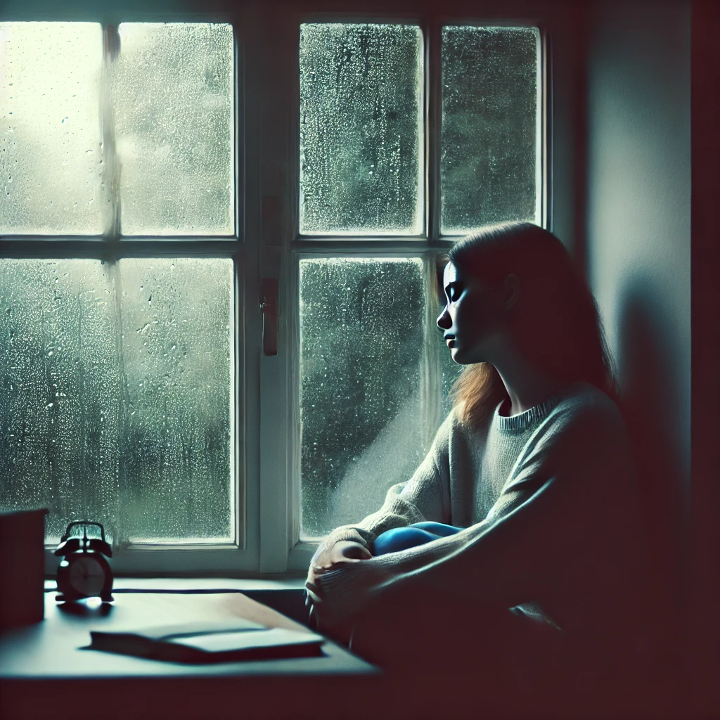 A-melancholic-scene-of-a-young-woman-sitting-by-a-window-staring-out-at-a-rainy-day-with-a-sad-reflective-expression.-The-room-is-softly-lit-castin.