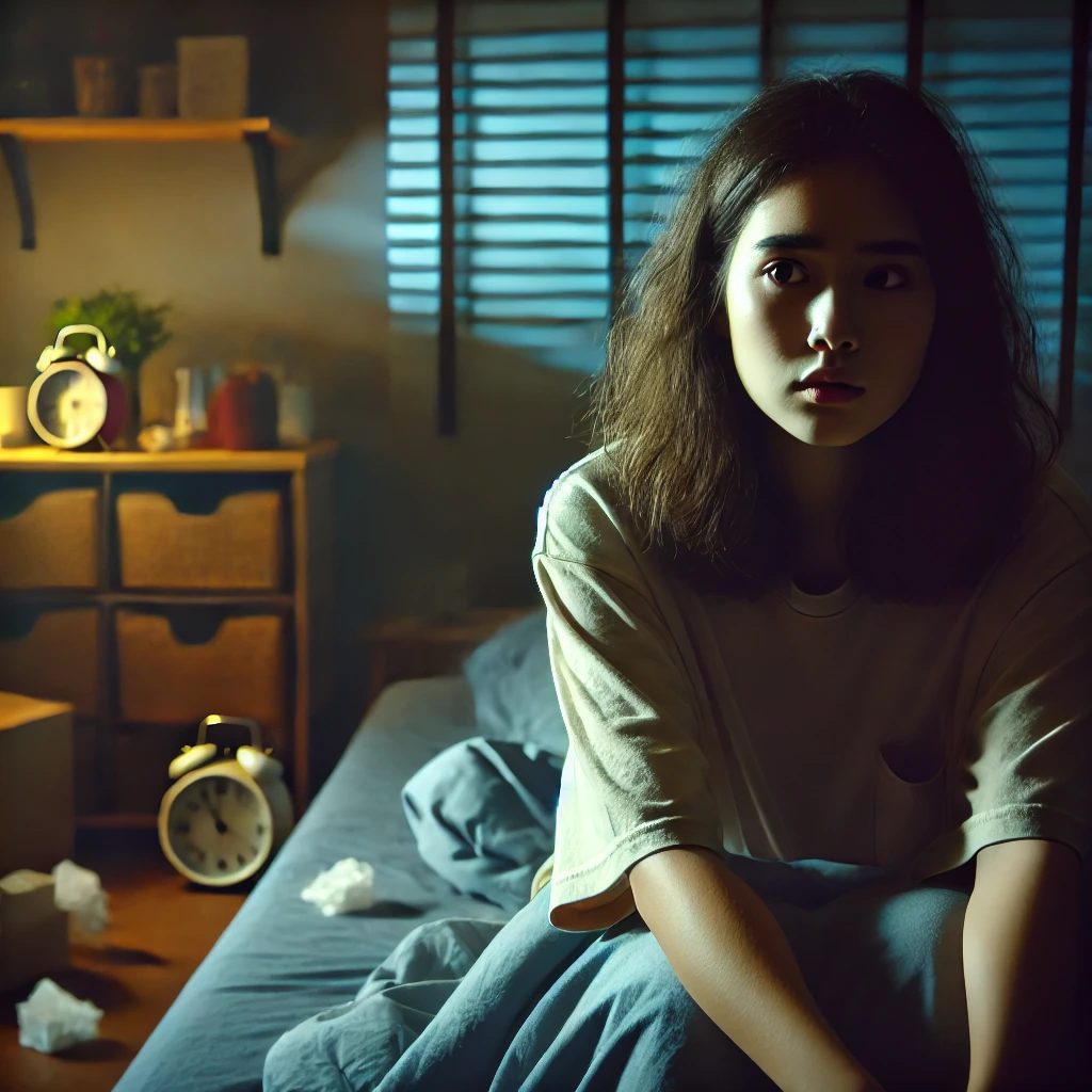 A scene of a young woman sitting on her bed in a dimly lit room, with a dazed and distant expression, reflecting shock and disbelief after a breakup.