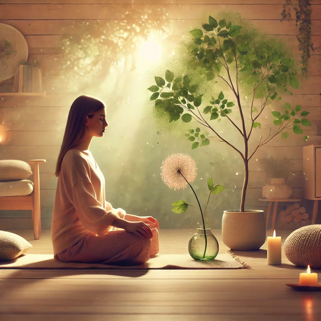 A serene scene of a young woman sitting in a peaceful setting, practicing mindfulness and meditation. She is seated on a mat in a natural environment,