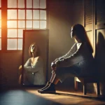 A woman sitting alone in a dimly lit room, with her reflection in a mirror behind her. The reflection shows a distorted version of herself, symbolizin